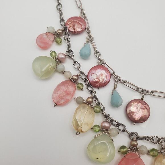 925 Sterling Silver Double Strand Dangling Pearl, Pink & Green Quartz Necklace - Picture 2 of 6